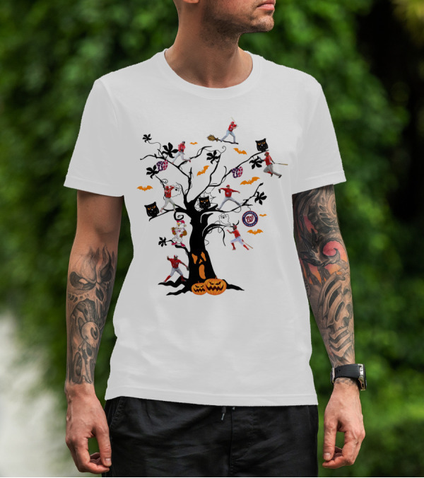 Washington Nationals Halloween Baseball Spooky Tree With Pumpkins And Bats T-Shirt