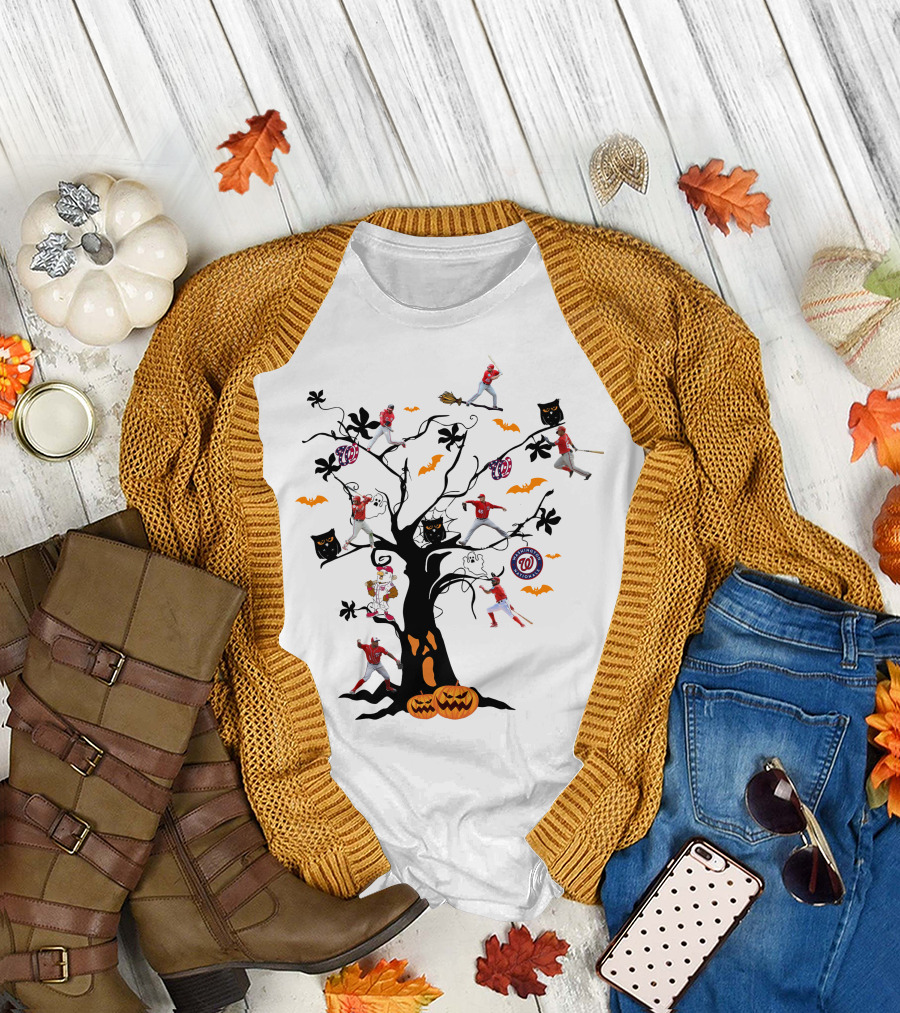 Washington Nationals Halloween Baseball Spooky Tree with Pumpkins and Bats T-Shirt