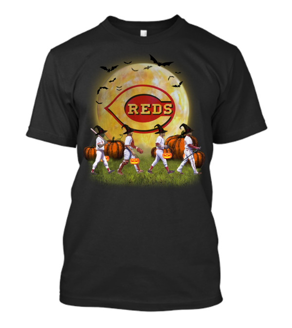 Cincinnati Reds Halloween Witch Walk With Pumpkins And Bats T-Shirt