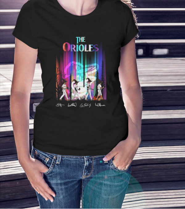 The Orioles Players And Signatures With Logo And Rainbow Background T-Shirt