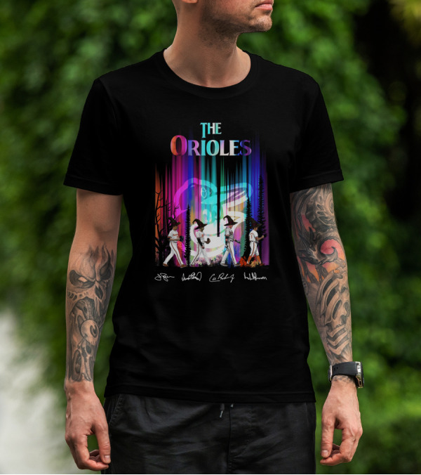 The Orioles Players And Signatures With Logo And Rainbow Background T-Shirt