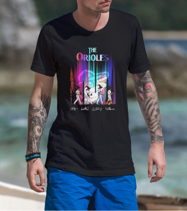 The Orioles Players And Signatures With Logo And Rainbow Background T-Shirt