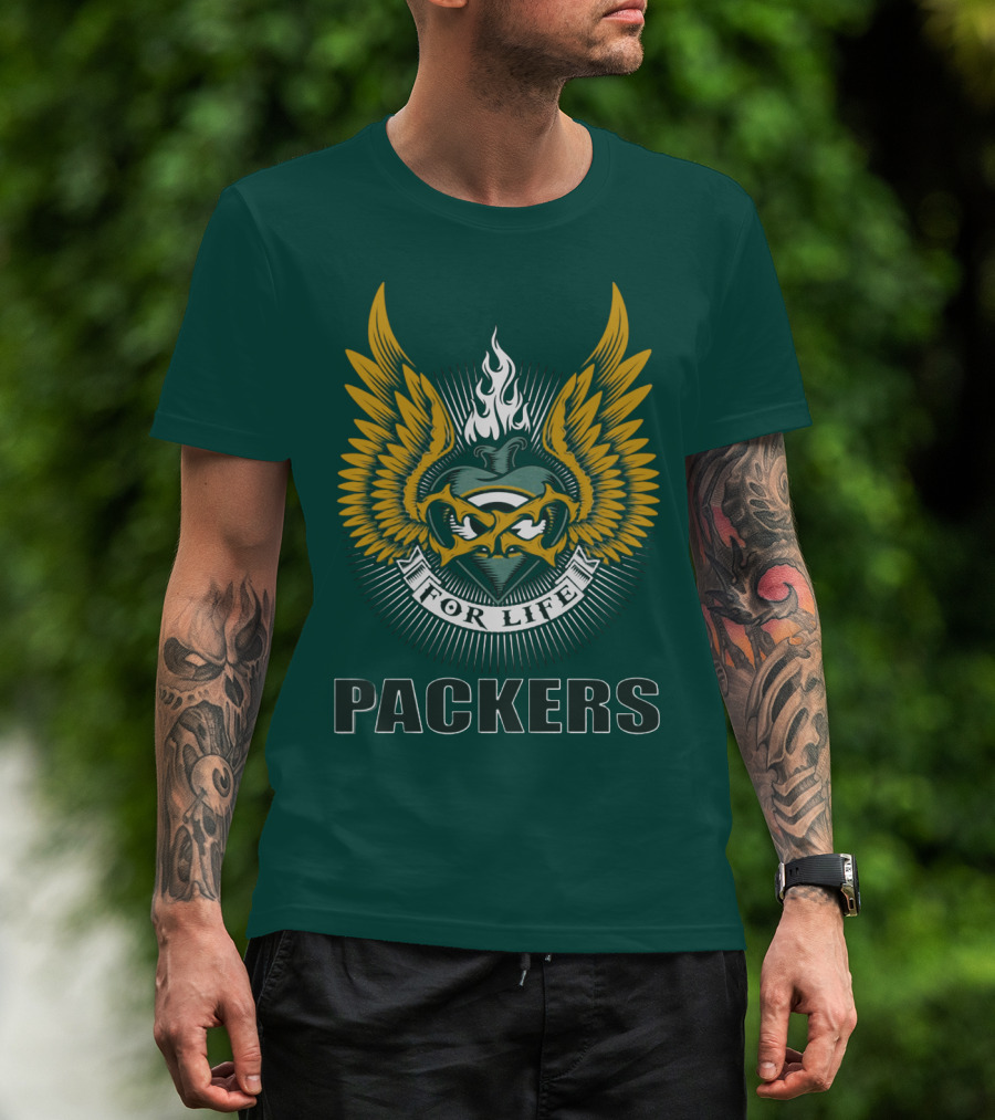 Packers For Life Green Bay Packers Emblem With Wings And Flame T-Shirt