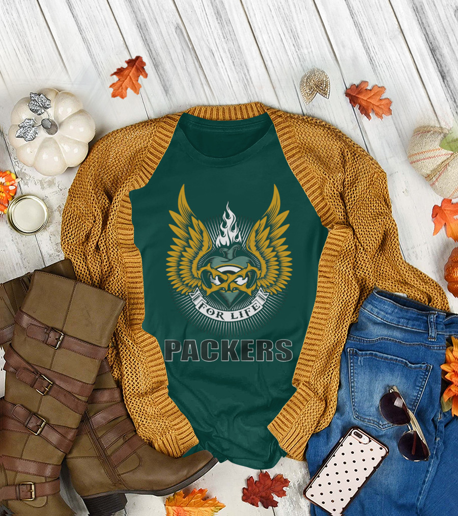 Packers For Life Green Bay Packers Emblem With Wings And Flame T-Shirt
