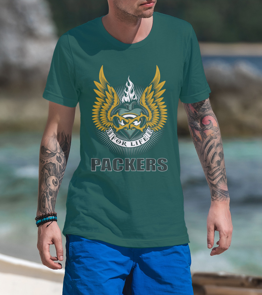 Packers For Life Green Bay Packers Emblem With Wings And Flame T-Shirt