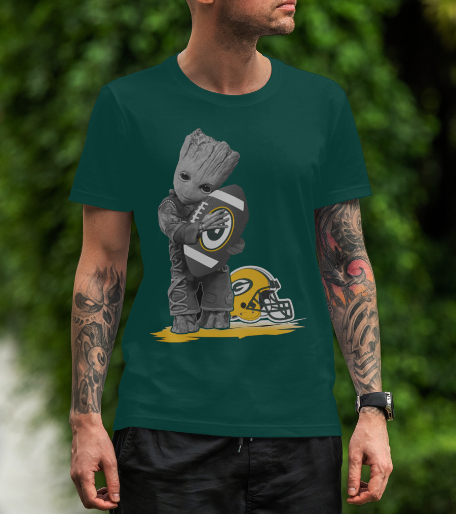 Groot Hugging Green Bay Packers Football With Helmet T-Shirt
