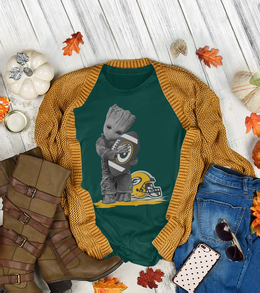 Groot Hugging Green Bay Packers Football With Helmet T-Shirt