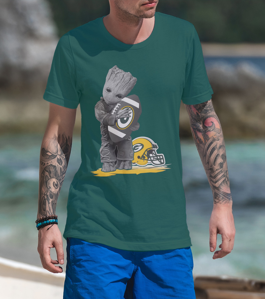 Groot Hugging Green Bay Packers Football With Helmet T-Shirt