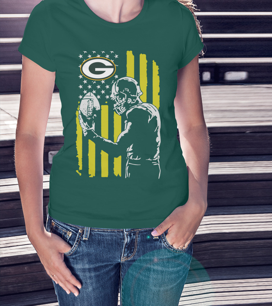 Green Bay Packers Logo And Football Player With American Flag T-Shirt