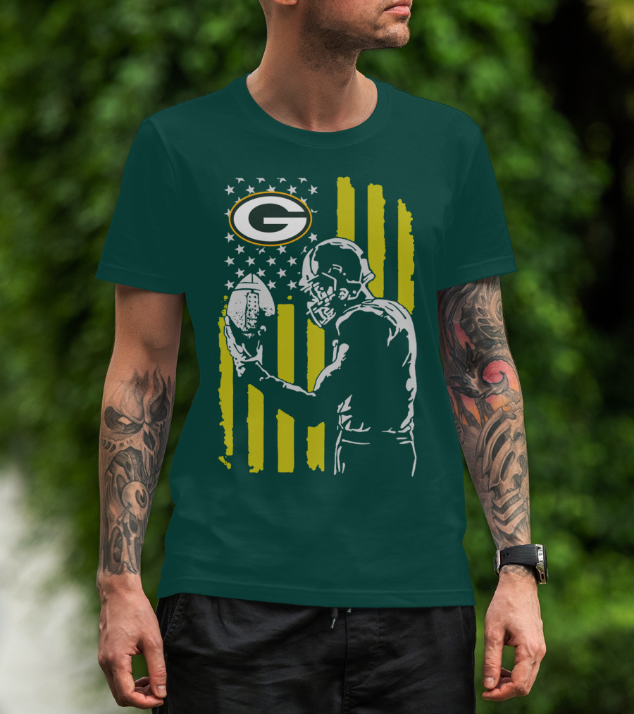 Green Bay Packers Logo And Football Player With American Flag T-Shirt