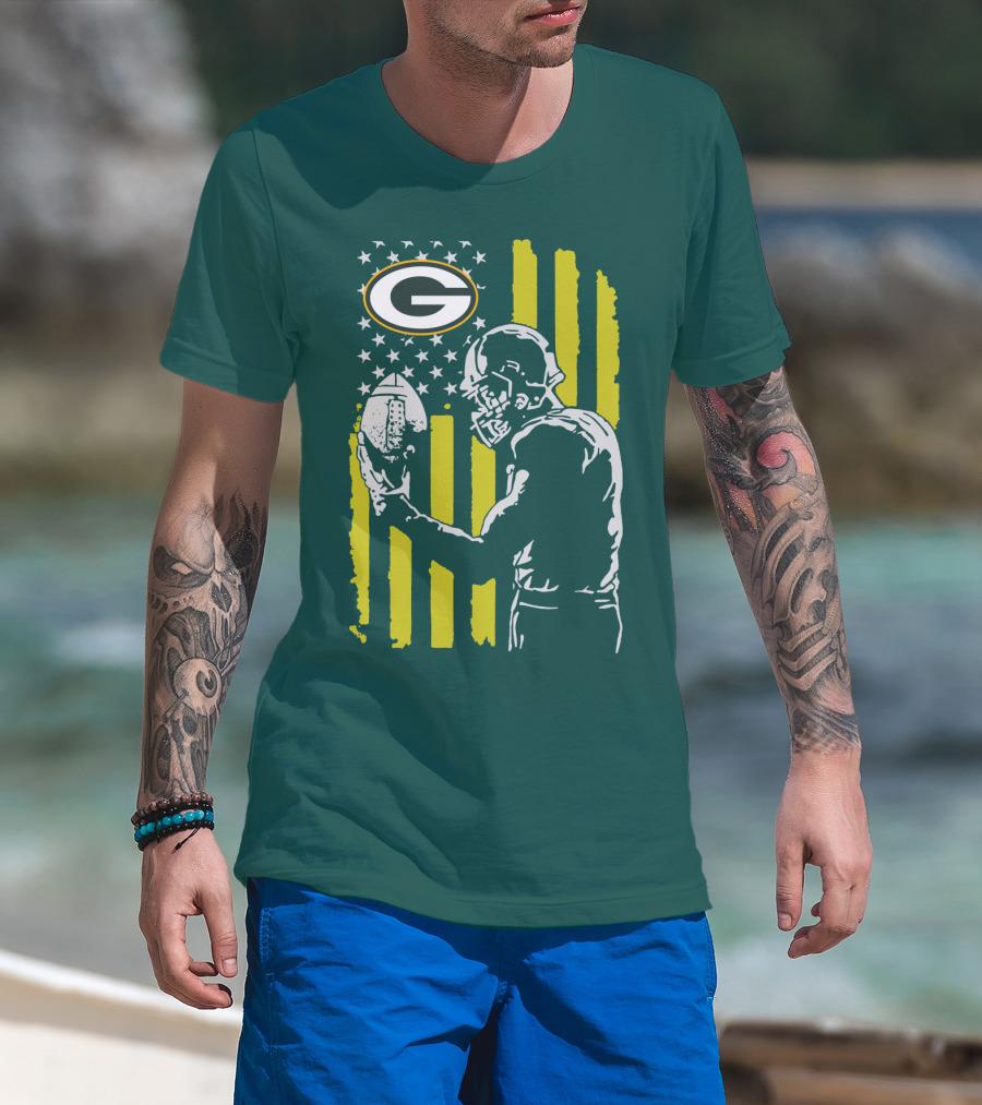 Green Bay Packers Logo And Football Player With American Flag T-Shirt