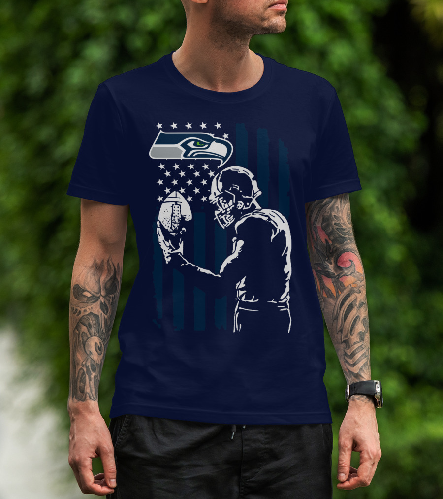 Seattle Seahawks Football Player Stars Stripes Helmet T-Shirt