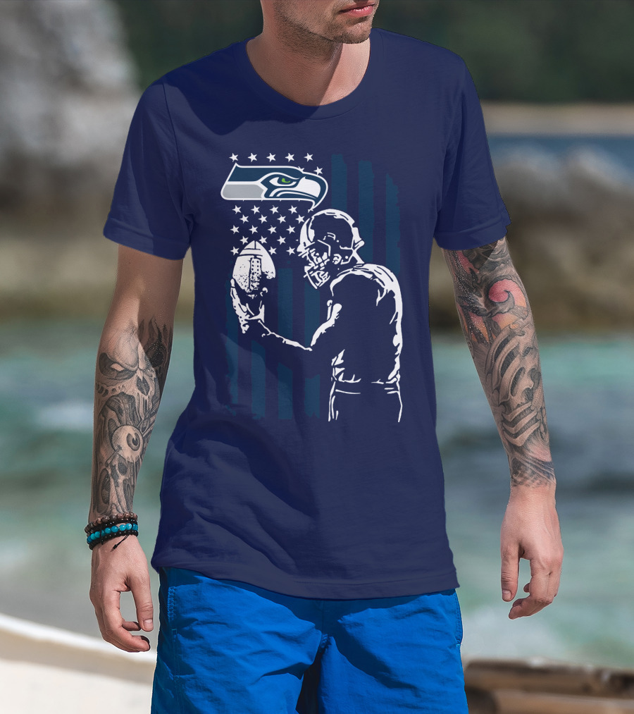 Seattle Seahawks Football Player Stars Stripes Helmet T-Shirt