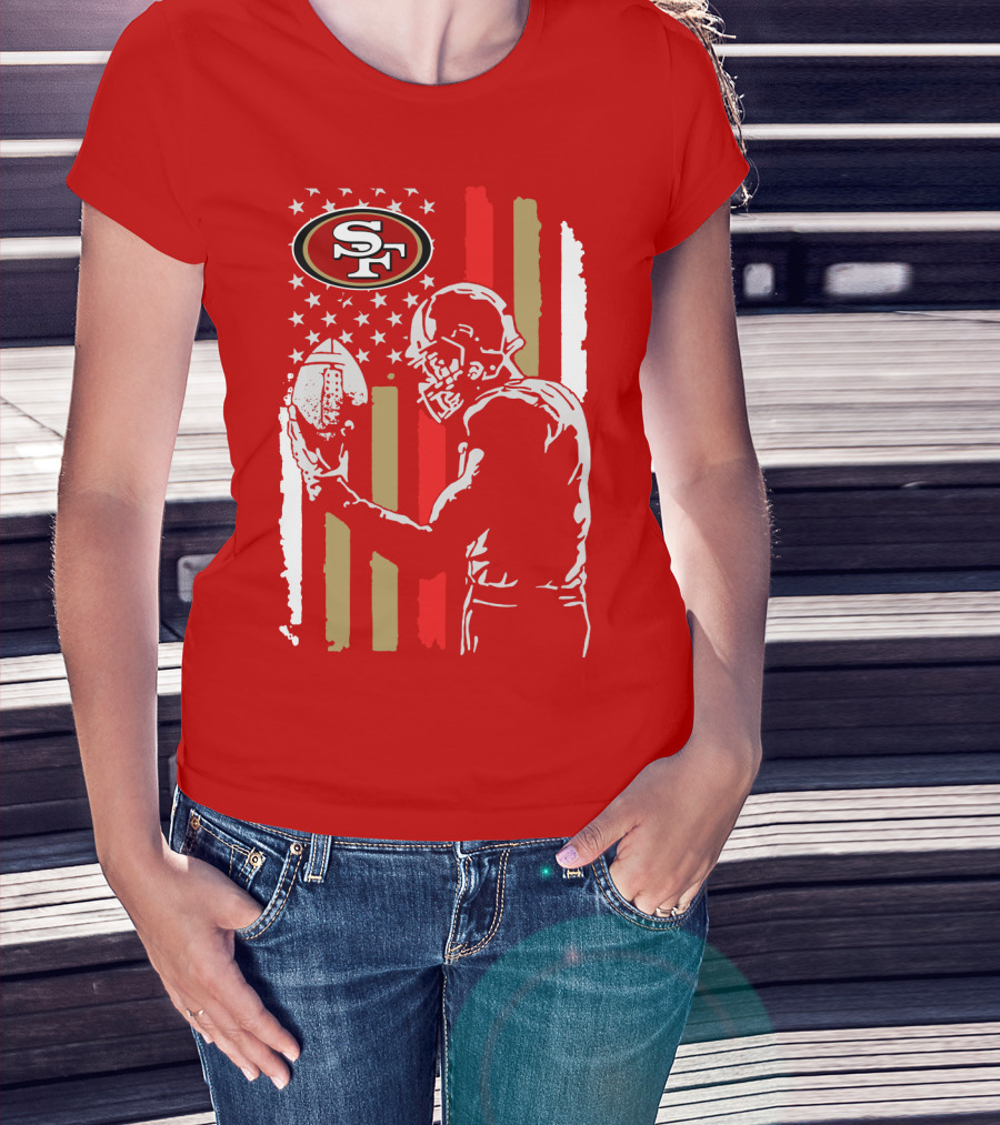 San Francisco 49ers Football Player With Logo And American Flag T-Shirt