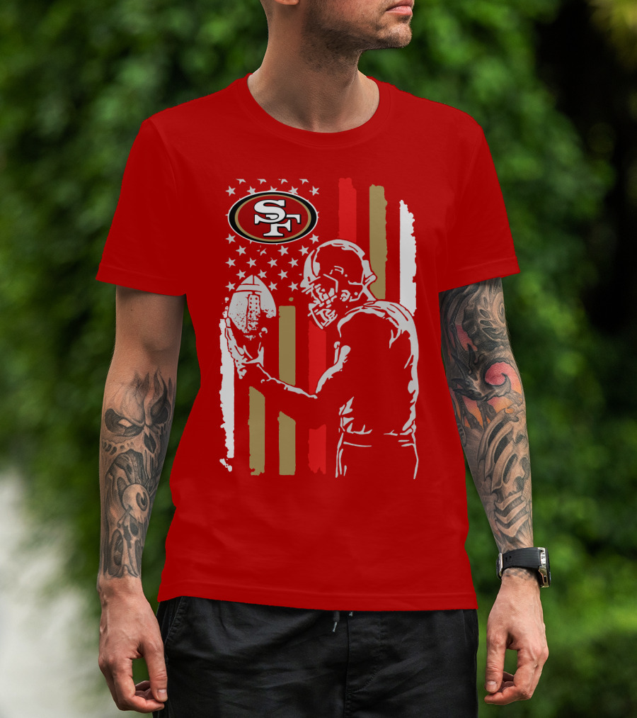 San Francisco 49ers Football Player With Logo And American Flag T-Shirt