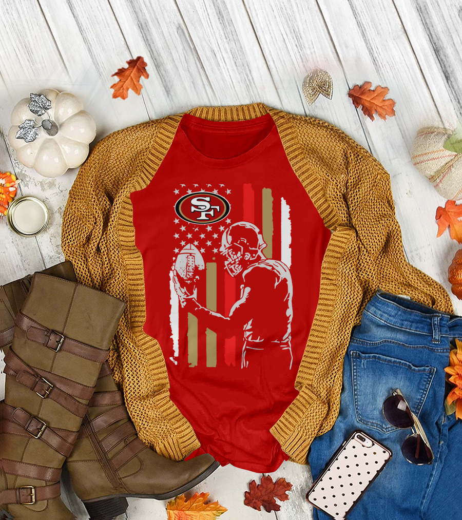 San Francisco 49ers Football Player With Logo And American Flag T-Shirt