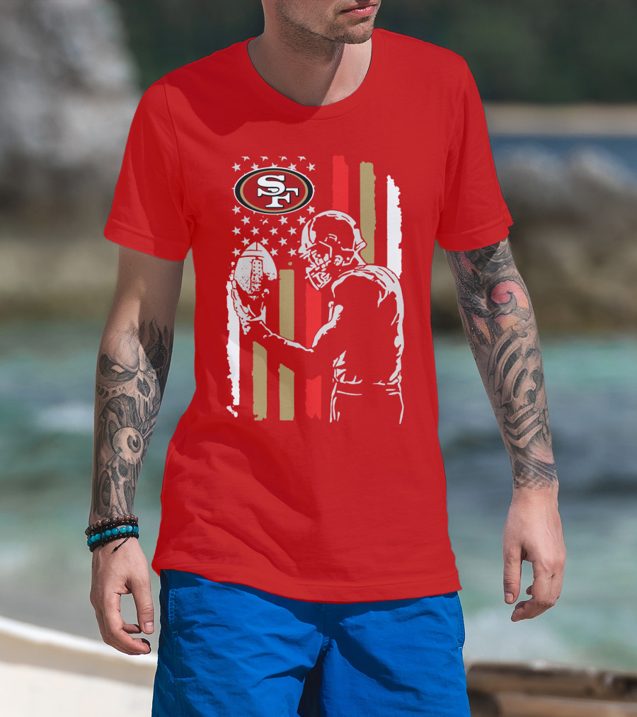 San Francisco 49ers Football Player With Logo And American Flag T-Shirt