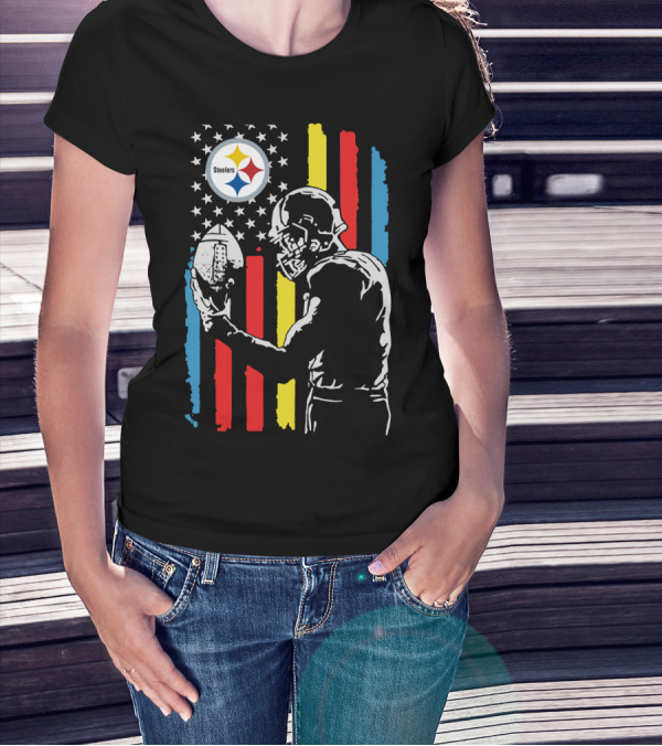 Pittsburgh Steelers American Flag Football Player Silhouette T-Shirt