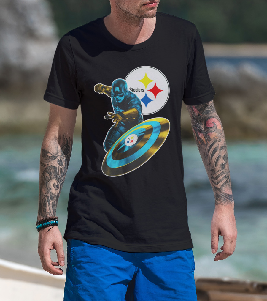 Pittsburgh Steelers Captain America Shield And Logo Crossover T-Shirt