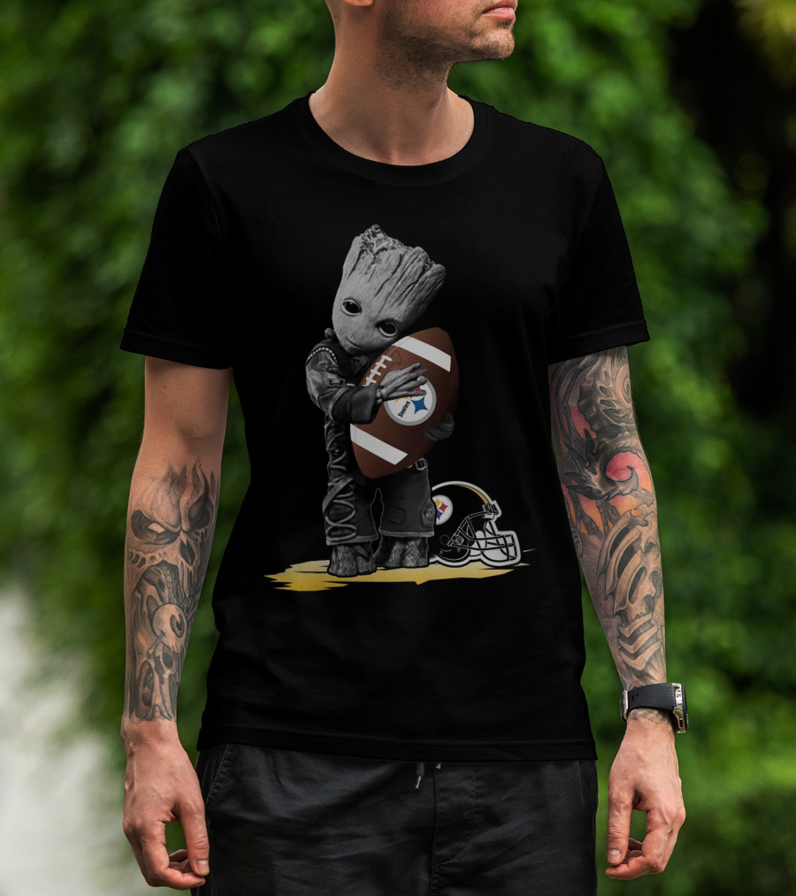 Groot Holding Football With Pittsburgh Steelers Helmet T-Shirt