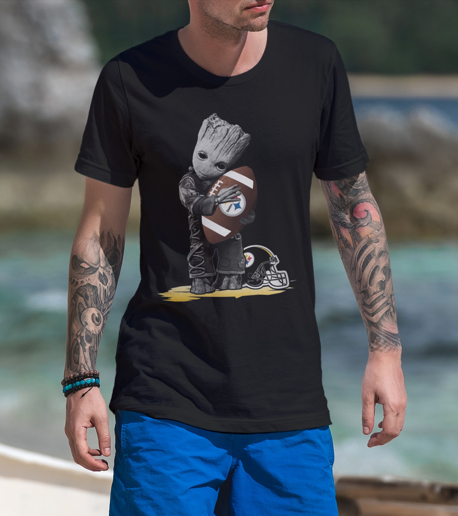 Groot Holding Football With Pittsburgh Steelers Helmet T-Shirt