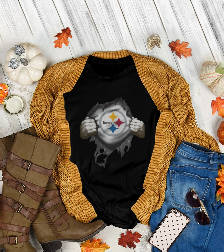 Steelers Logo Breaking Through Fabric T-Shirt