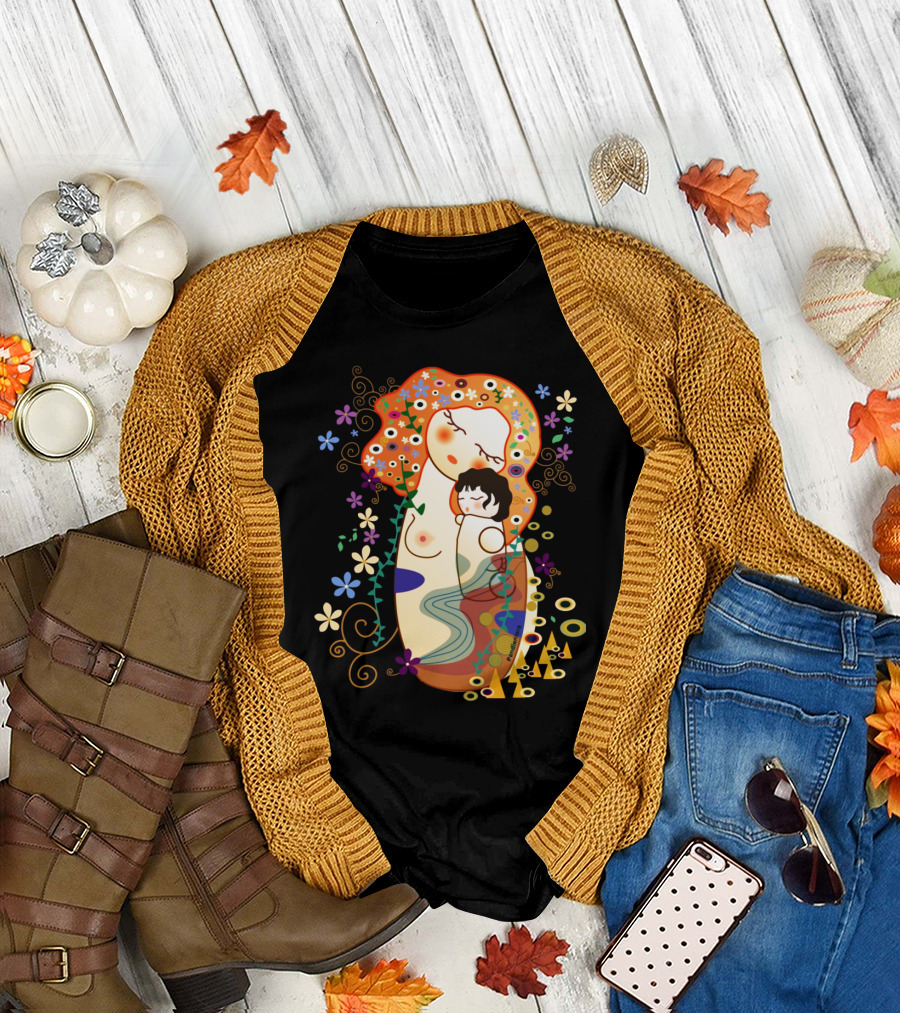 Kokeshi Mother and Child Klimt-Style Floral Artistic T-Shirt