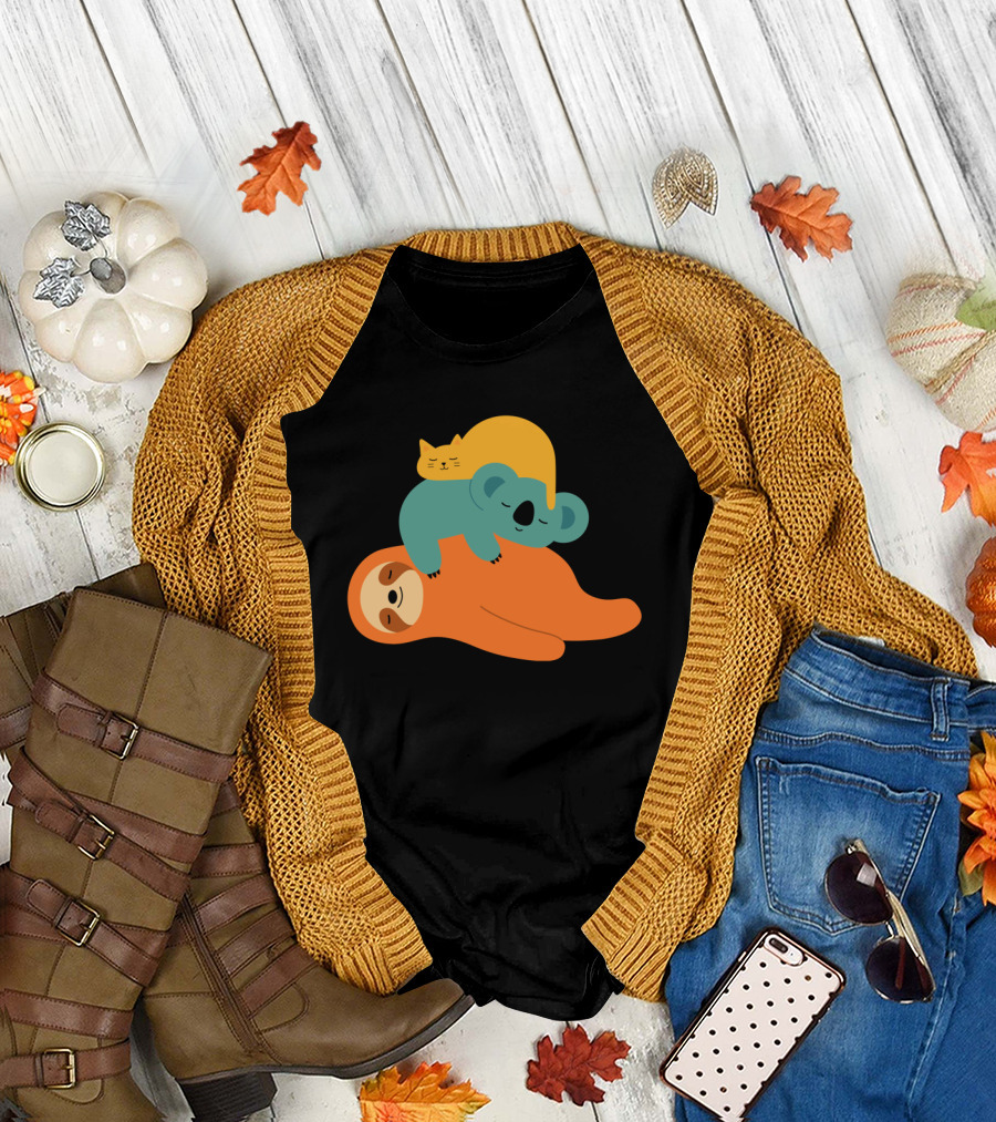 Lazy Animal Pile: Sloth, Koala, and Cat Sleeping Stack T-Shirt