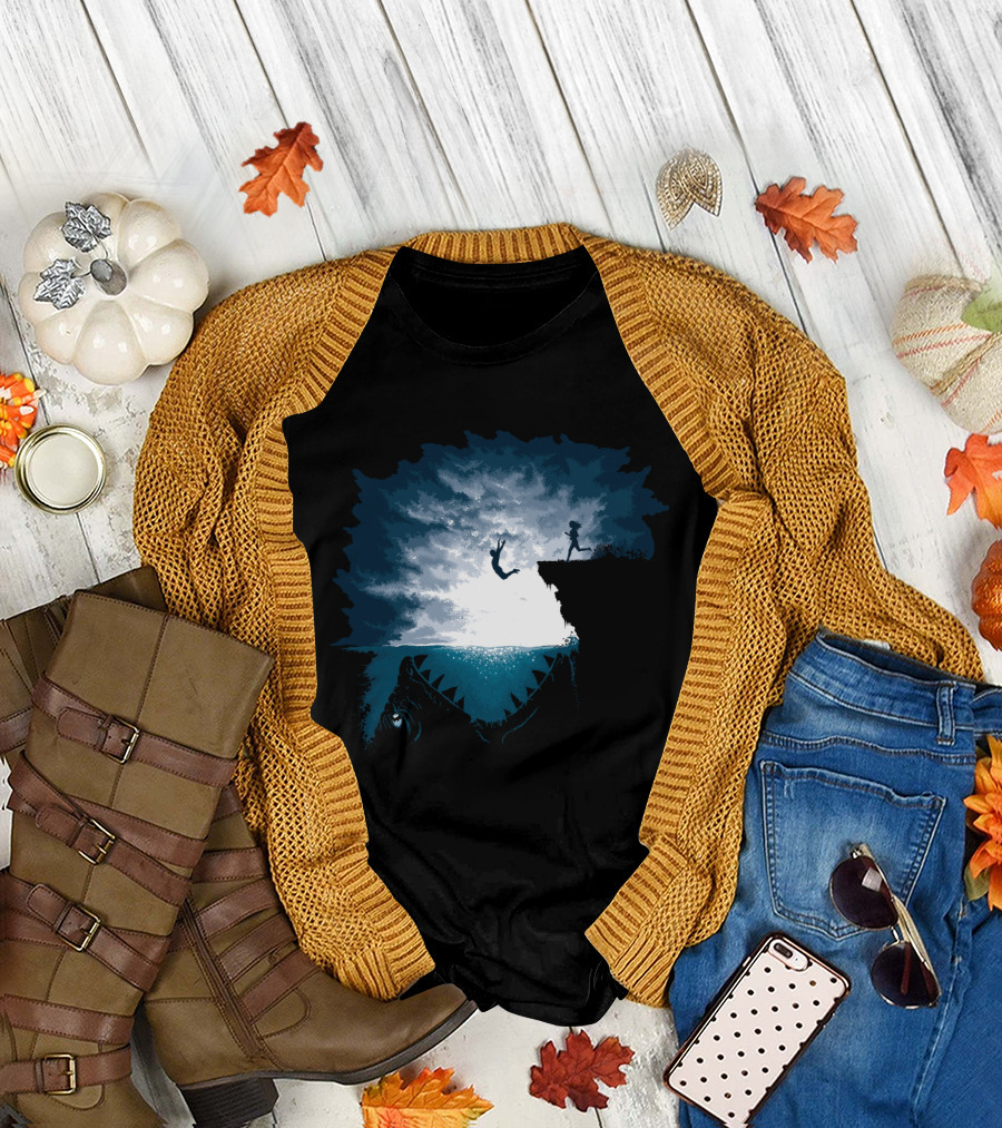 Lazy Fish Cliff Dive Silhouette Shark Ambush Scene T-Shirt