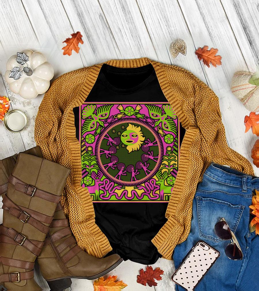 Pilgrimage to the Sun Cosmic Dance with Psychedelic Floral and Animal Motifs T-Shirt