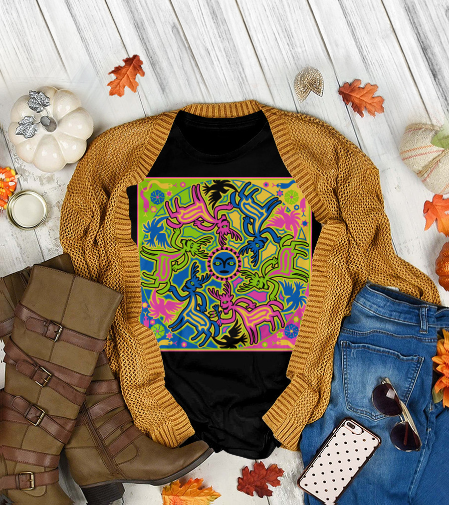 Psychedelic Neon Animal Mandala with Spirit Guides Circular T-Shirt