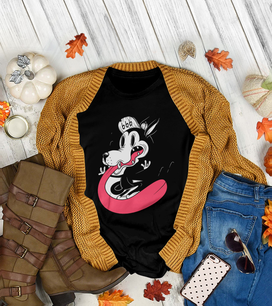 FigModernity Cartoon Wolf with Hat 666 Long Red Tongue T-Shirt