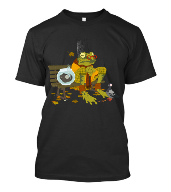 Elderly Frog In Plaid Sitting On Park Bench With Goldfish Bowl And Pigeon Surrounded By Autumn Leaves T-Shirt