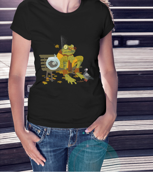 Elderly Frog In Plaid Sitting On Park Bench With Goldfish Bowl And Pigeon Surrounded By Autumn Leaves T-Shirt