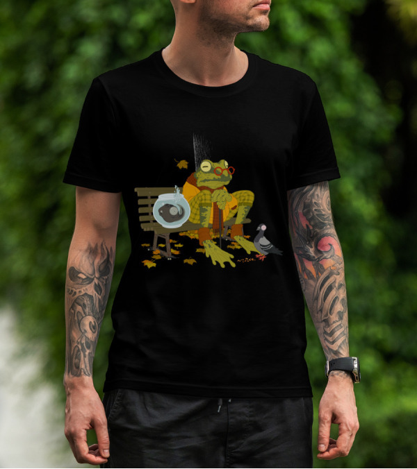 Elderly Frog In Plaid Sitting On Park Bench With Goldfish Bowl And Pigeon Surrounded By Autumn Leaves T-Shirt