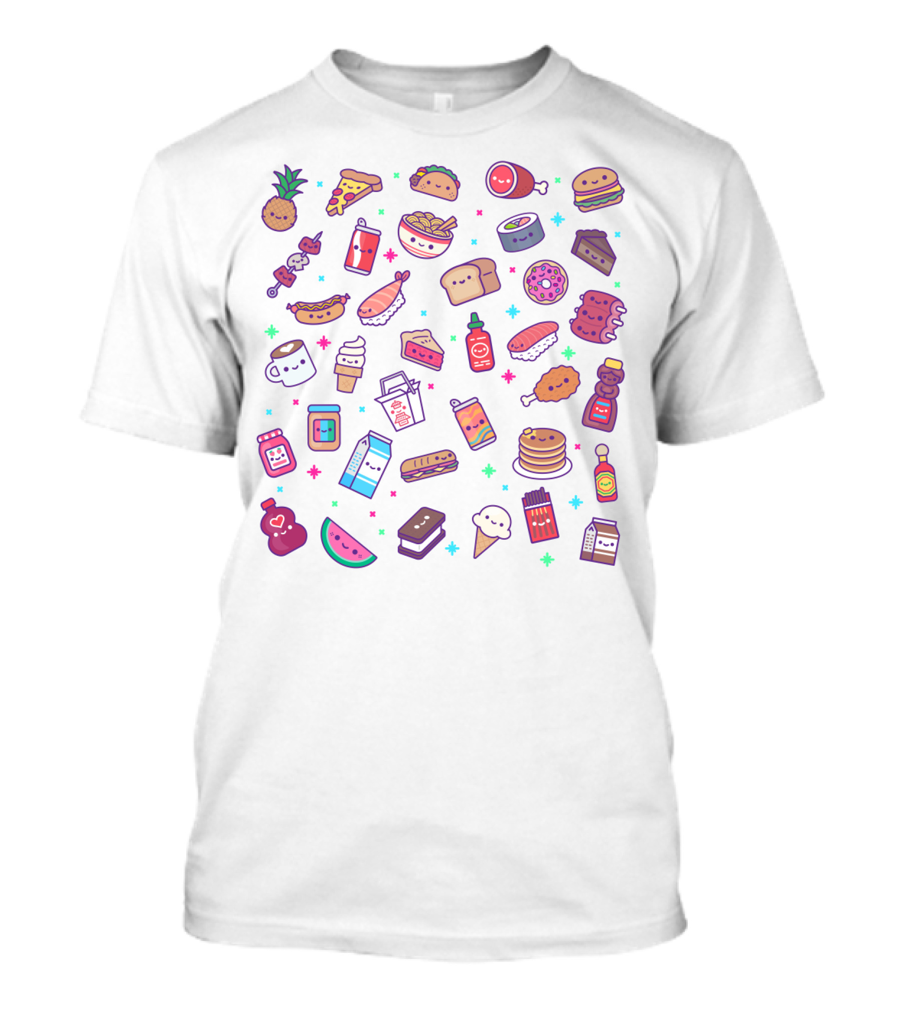 Kawaii Food Party Cute Icons Featuring Sushi Pizza Soda Ice Cream Milk Pancakes Sriracha Hot Dog Watermelon Pineapple T-Shirt