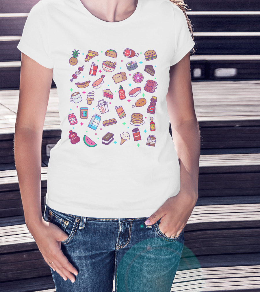 Kawaii Food Party Cute Icons Featuring Sushi Pizza Soda Ice Cream Milk Pancakes Sriracha Hot Dog Watermelon Pineapple T-Shirt