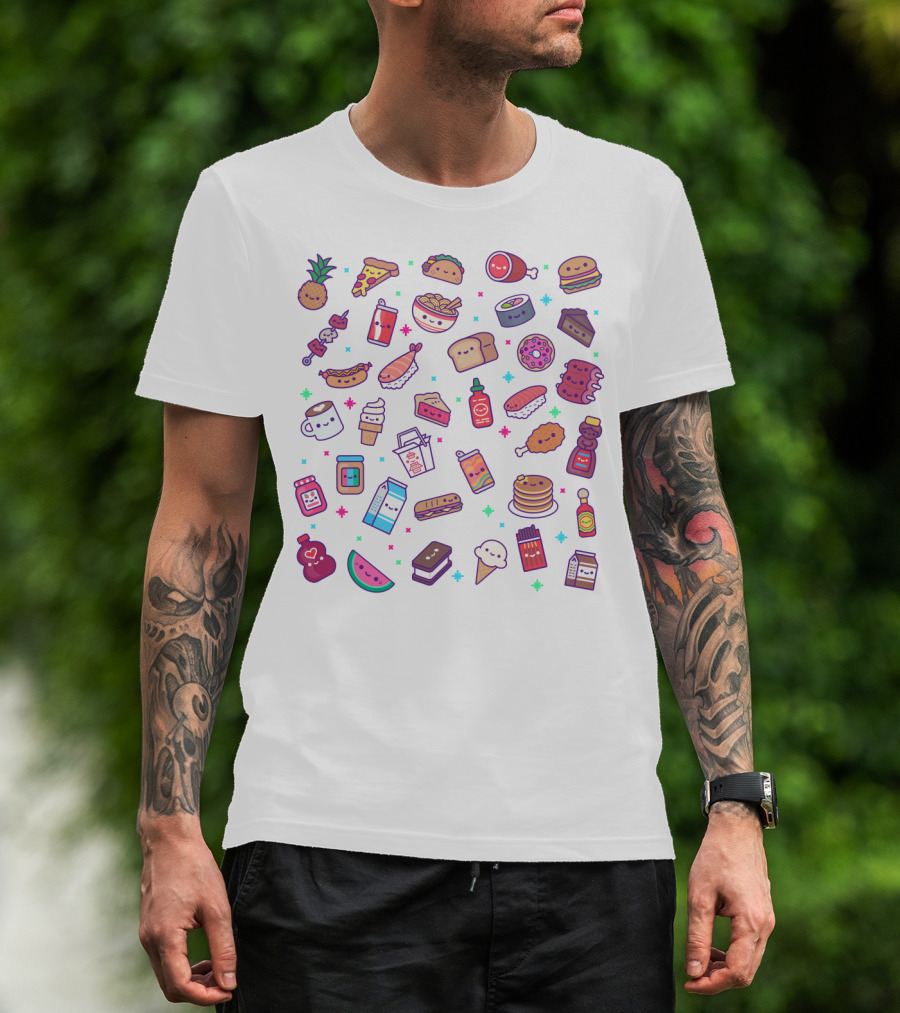 Kawaii Food Party Cute Icons Featuring Sushi Pizza Soda Ice Cream Milk Pancakes Sriracha Hot Dog Watermelon Pineapple T-Shirt