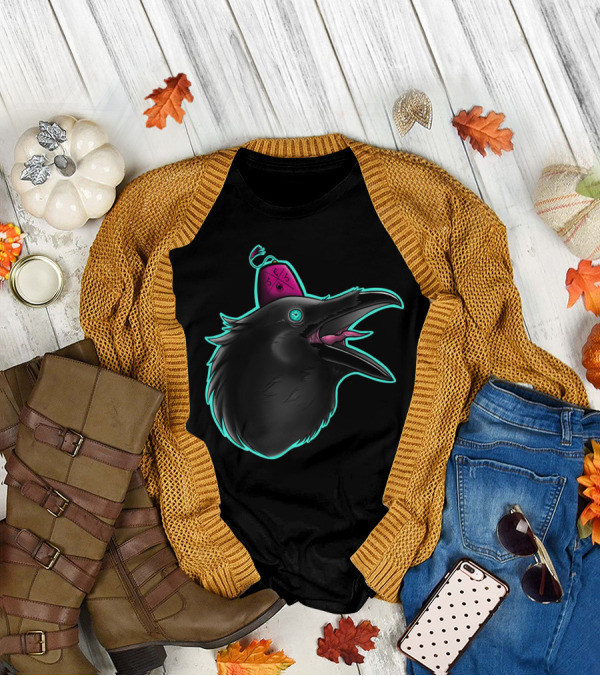 Raven With Pink Beanie Hat And Fools Text In Black And Teal Neon T-Shirt