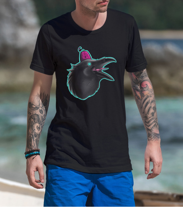 Raven With Pink Beanie Hat And Fools Text In Black And Teal Neon T-Shirt