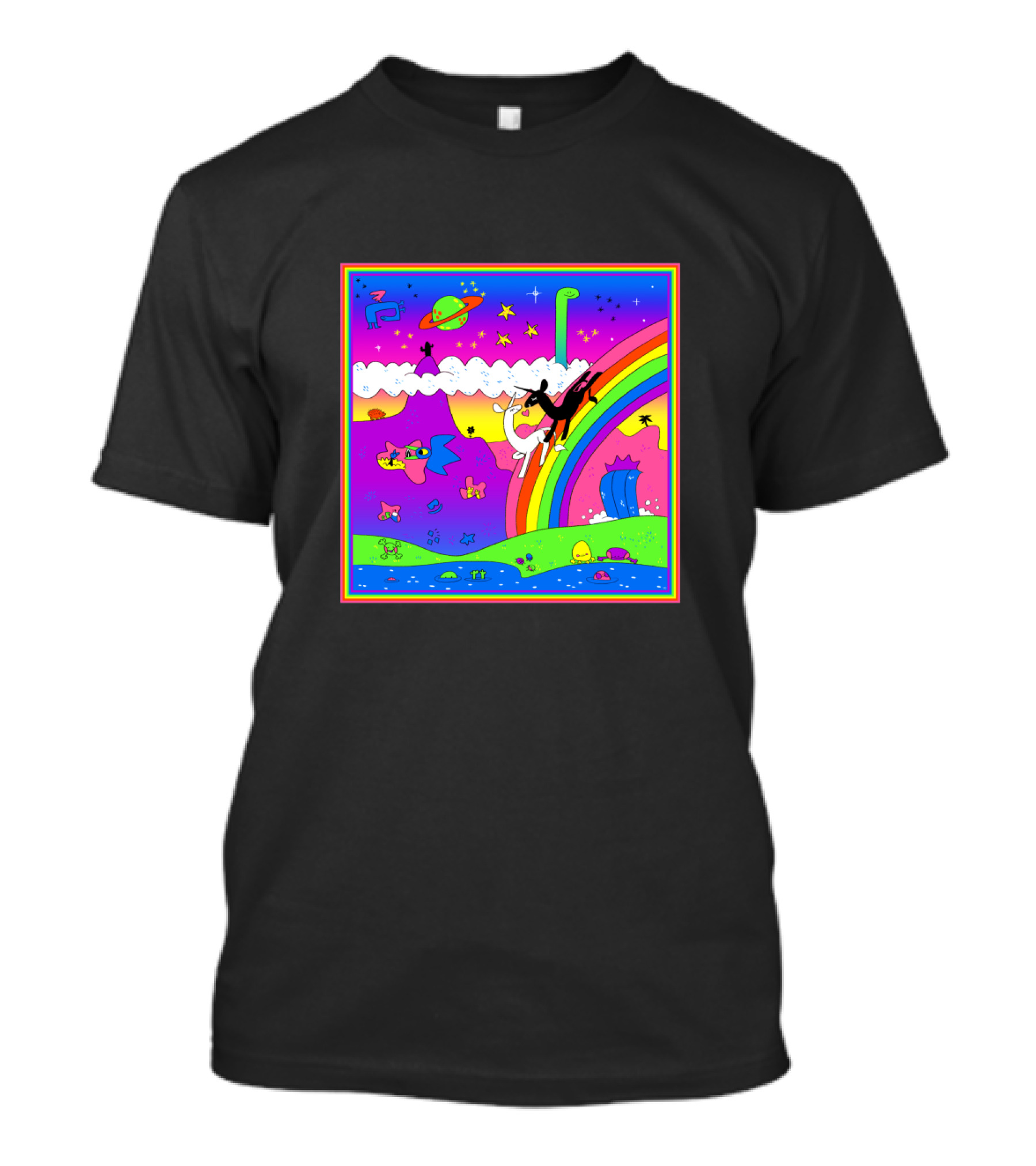Jumping Unicorn Over Rainbow In Colorful Cosmic Landscape With UFOs And Stars T-Shirt