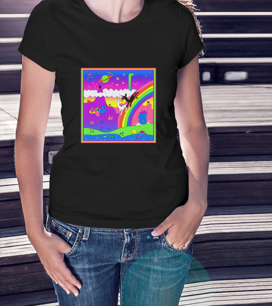Jumping Unicorn Over Rainbow In Colorful Cosmic Landscape With UFOs And Stars T-Shirt