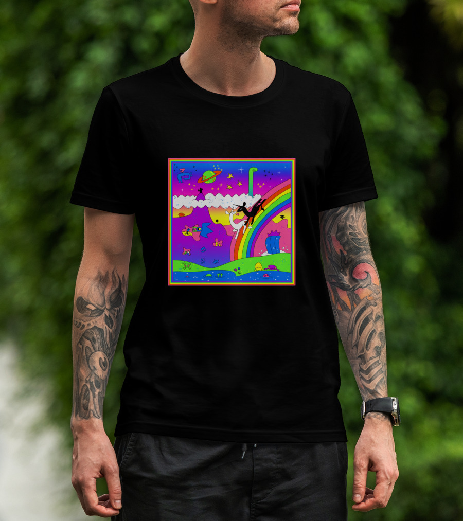 Jumping Unicorn Over Rainbow In Colorful Cosmic Landscape With UFOs And Stars T-Shirt