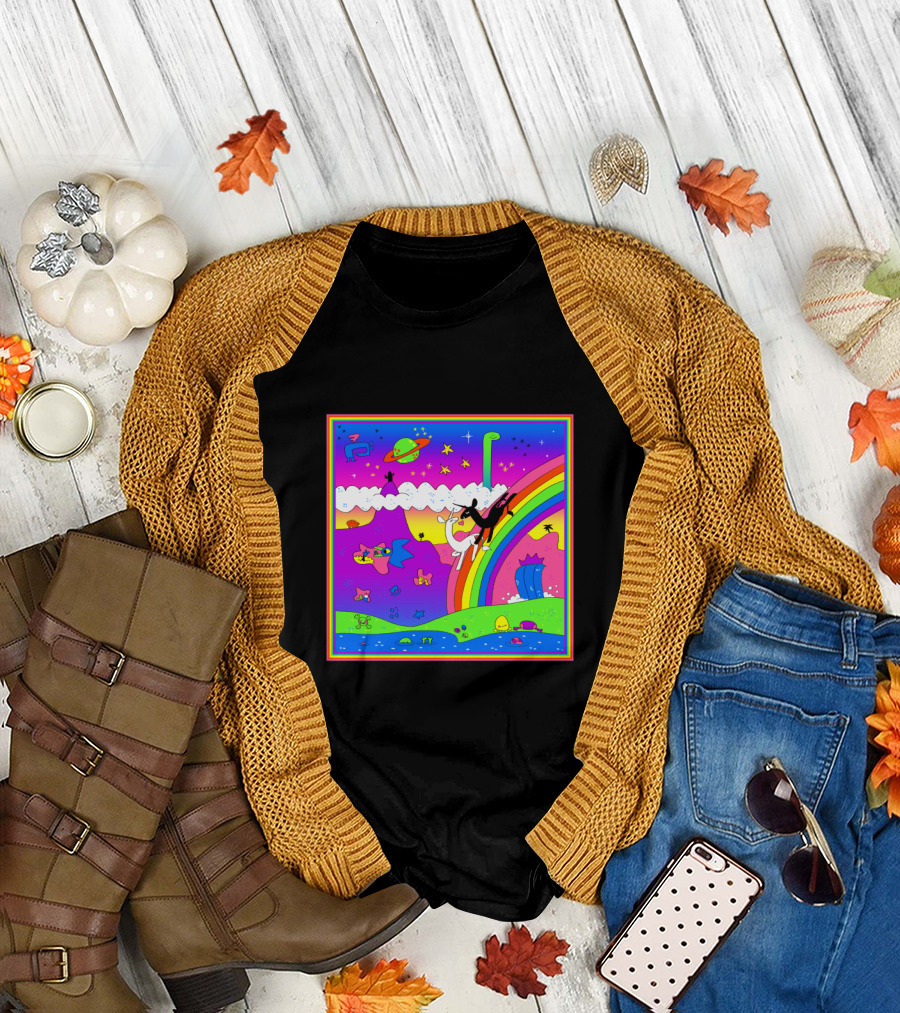 Jumping Unicorn Over Rainbow In Colorful Cosmic Landscape With UFOs And Stars T-Shirt