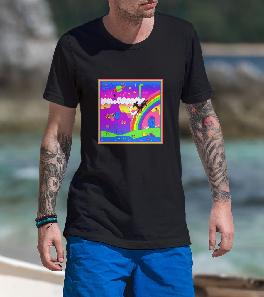 Jumping Unicorn Over Rainbow In Colorful Cosmic Landscape With UFOs And Stars T-Shirt