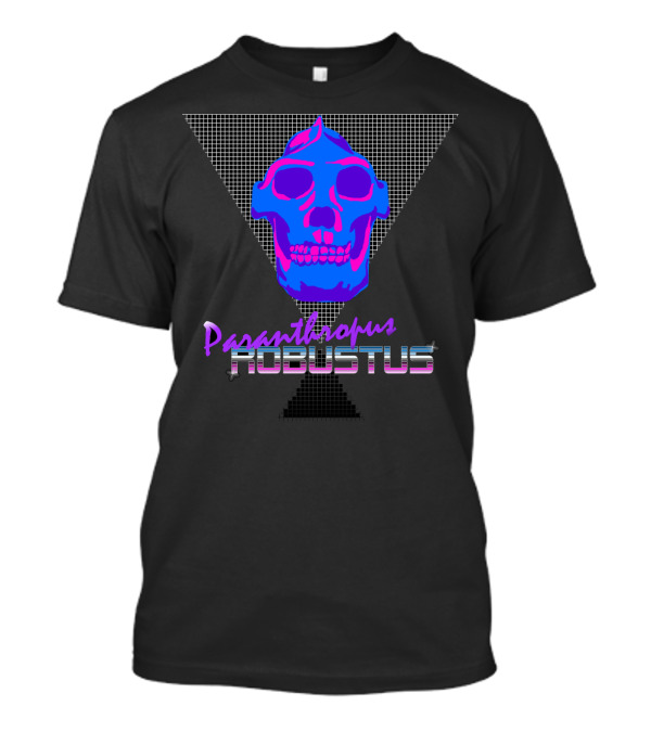 Paranthropus Robustus Neon Skull Retro Pleistocene Style With Blue And Pink Grid Background T-Shirt
