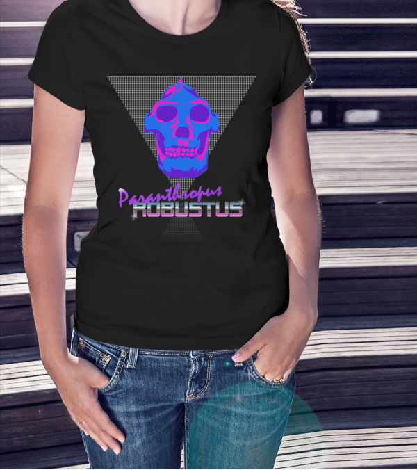 Paranthropus Robustus Neon Skull Retro Pleistocene Style With Blue And Pink Grid Background T-Shirt