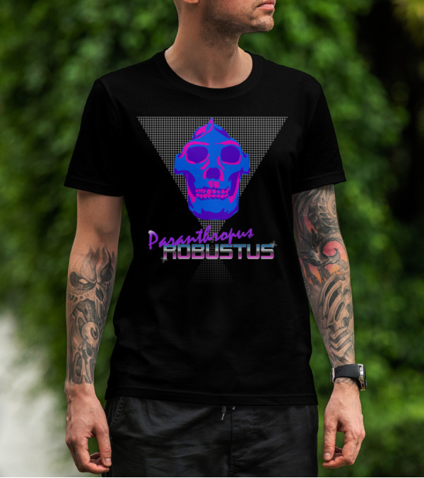Paranthropus Robustus Neon Skull Retro Pleistocene Style With Blue And Pink Grid Background T-Shirt