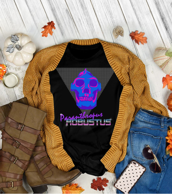 Paranthropus Robustus Neon Skull Retro Pleistocene Style With Blue And Pink Grid Background T-Shirt