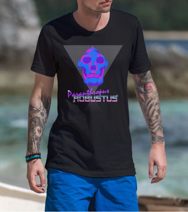 Paranthropus Robustus Neon Skull Retro Pleistocene Style With Blue And Pink Grid Background T-Shirt